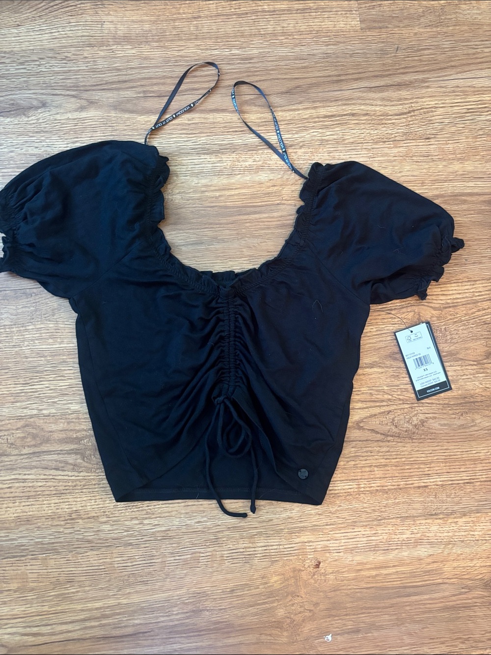 Volcom Black Ruched Puff-Sleeve Crop Top with Ties